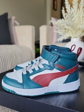 Puma Teal, White & Red Kids High-Top Sneakers